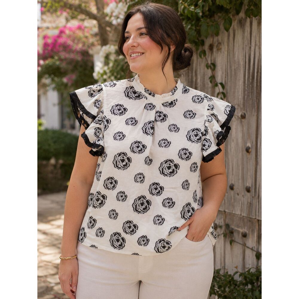 Voy Ivory & Black Rose Print Top - Ruffled Fringe Cap Sleeve - Boxy Fit - Size L